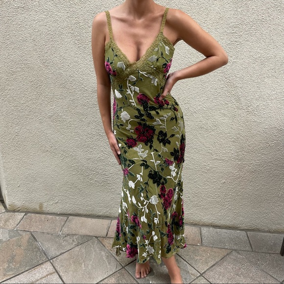 Vintage Dresses & Skirts - Vintage Closet Beaded & Velvet Floral Maxi Slip Dress Green Size Small
